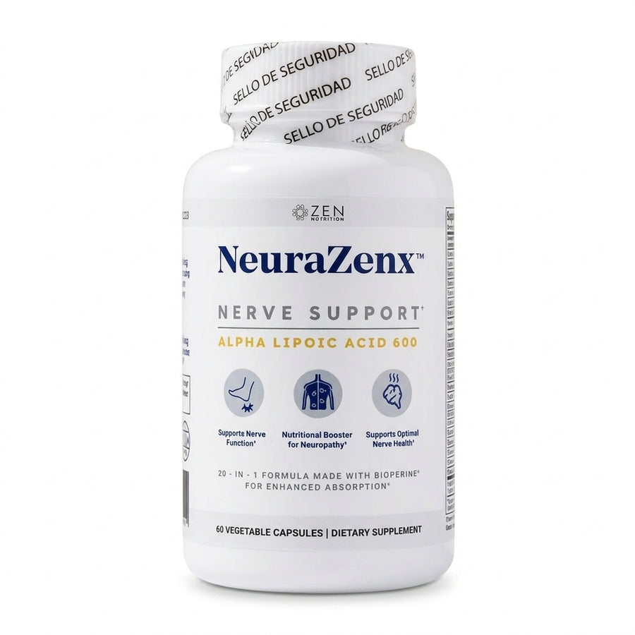NeuraZenx Nerve Support: envase de frente sobre fondo blanco
